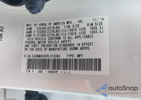 2015 Honda Cr-V Lx from USA, damaged, VIN 5J6RM4H3XFL016564